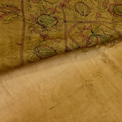 Indian Vintage Beige & Green Saree 100% Pure Silk Hand Embroidered Kantha Sari Fabric 5Yd Sewing Floral Sequin