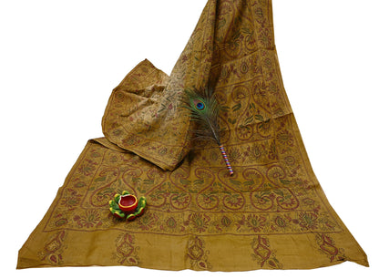 Indian Vintage Beige & Green Saree 100% Pure Silk Hand Embroidered Kantha Sari Fabric 5Yd Sewing Floral Sequin