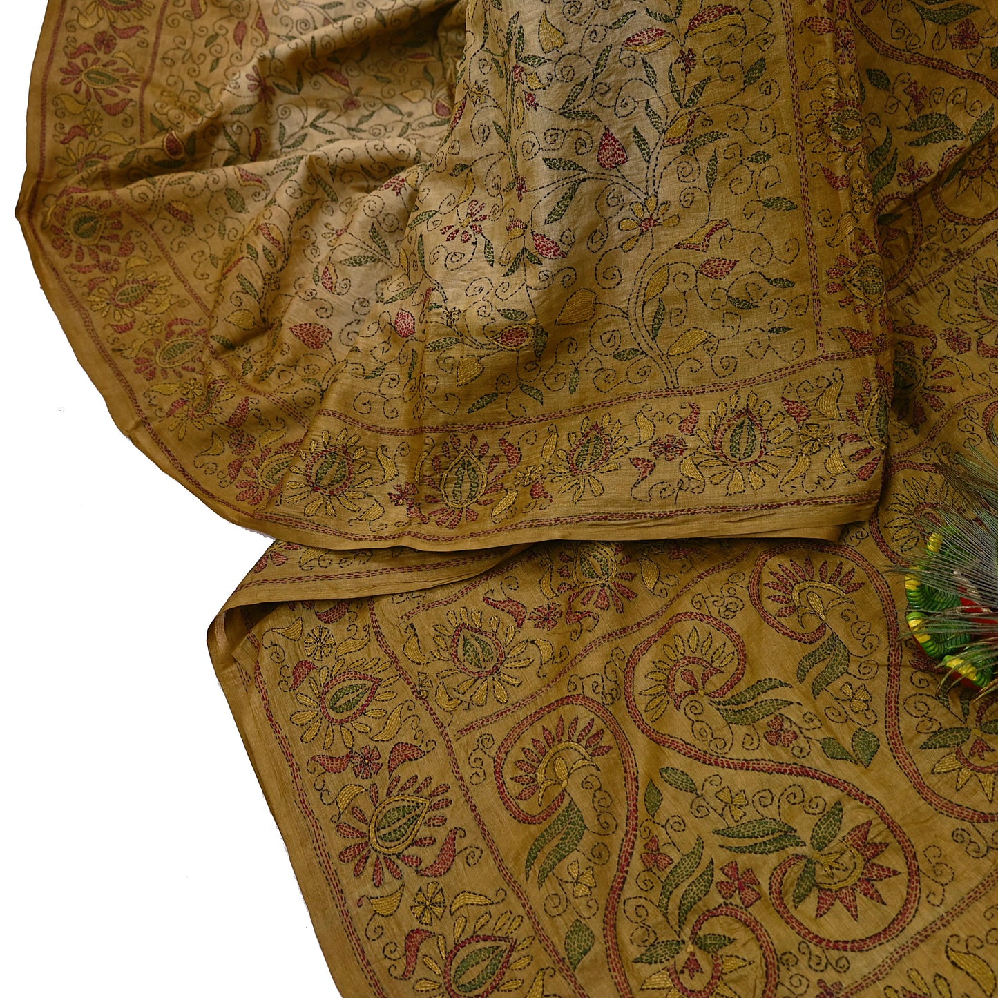 Indian Vintage Beige & Green Saree 100% Pure Silk Hand Embroidered Kantha Sari Fabric 5Yd Sewing Floral Sequin