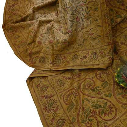 Indian Vintage Beige & Green Saree 100% Pure Silk Hand Embroidered Kantha Sari Fabric 5Yd Sewing Floral Sequin