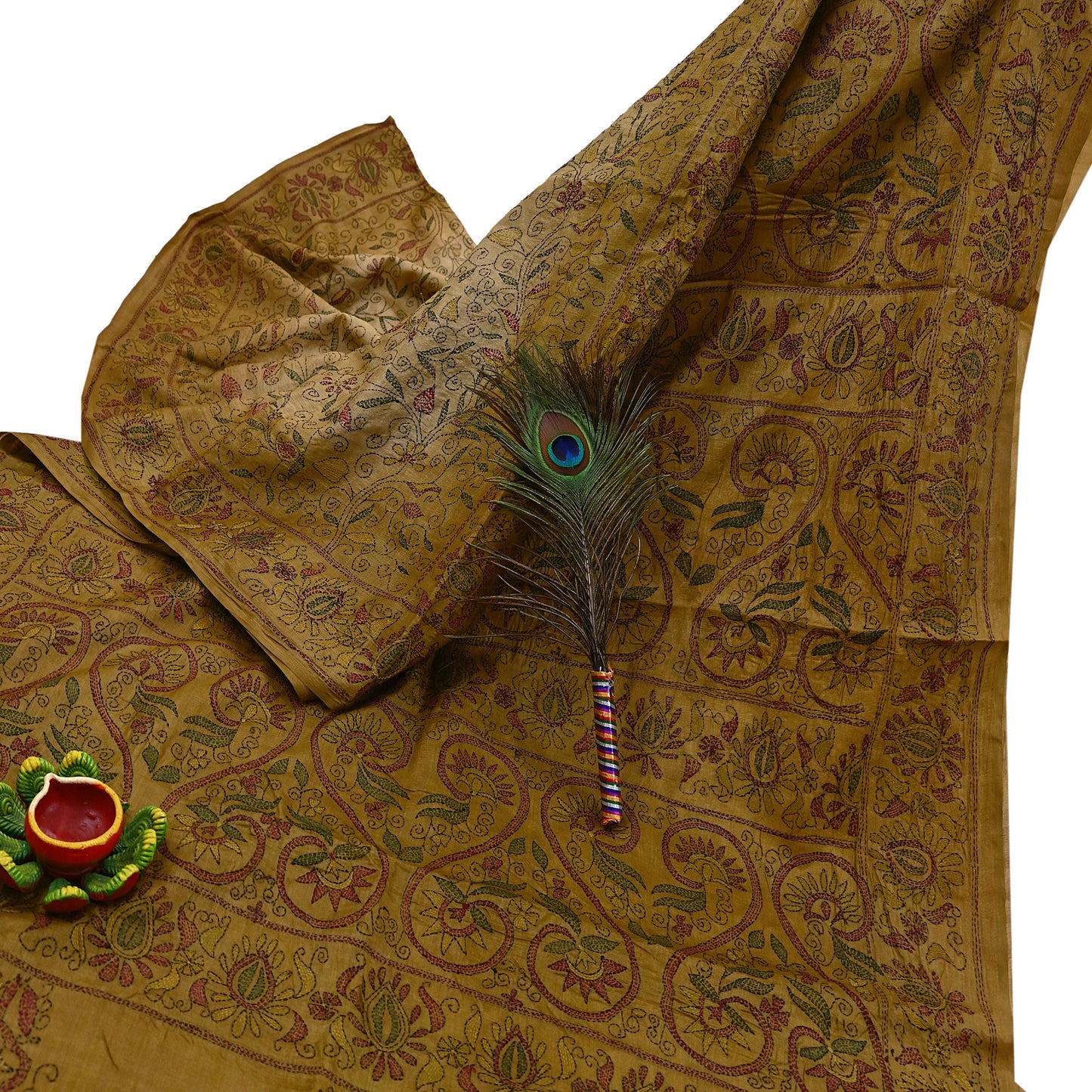 Indian Vintage Beige & Green Saree 100% Pure Silk Hand Embroidered Kantha Sari Fabric 5Yd Sewing Floral Sequin