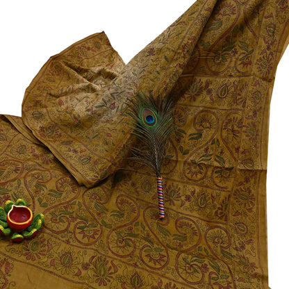 Indian Vintage Beige & Green Saree 100% Pure Silk Hand Embroidered Kantha Sari Fabric 5Yd Sewing Floral Sequin