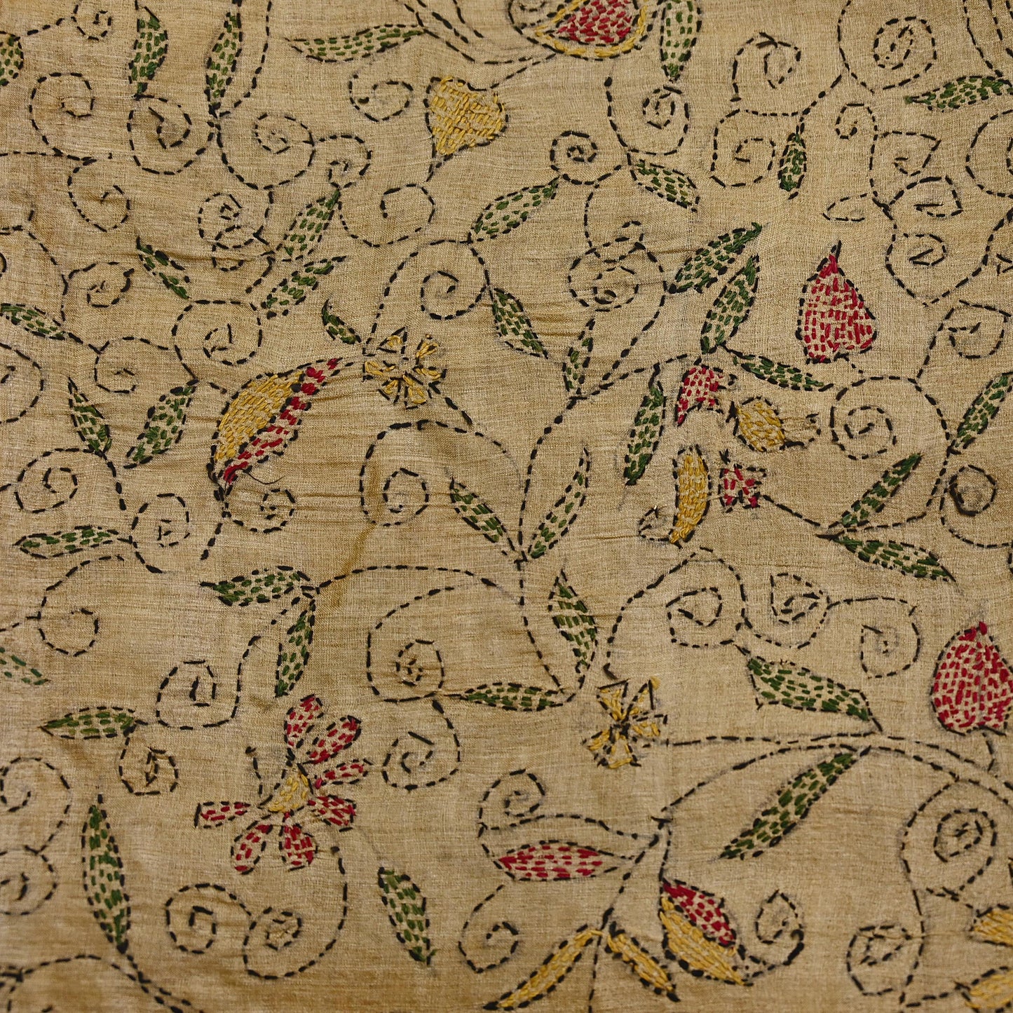 Indian Vintage Beige & Green Saree 100% Pure Silk Hand Embroidered Kantha Sari Fabric 5Yd Sewing Floral Sequin