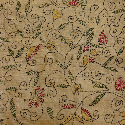Indian Vintage Beige & Green Saree 100% Pure Silk Hand Embroidered Kantha Sari Fabric 5Yd Sewing Floral Sequin