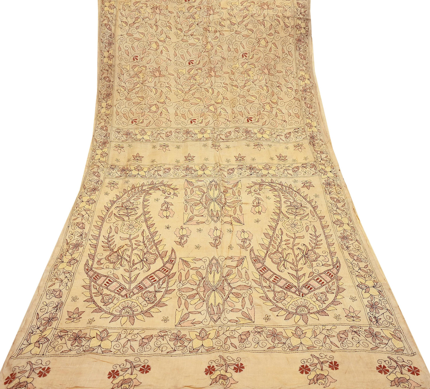 Indian Vintage Beige & Green Saree 100% Pure Silk Hand Embroidered Kantha Sari Fabric 5Yd Sewing Floral Sequin