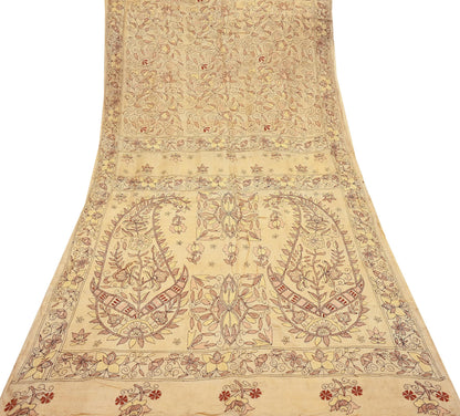 Indian Vintage Beige & Green Saree 100% Pure Silk Hand Embroidered Kantha Sari Fabric 5Yd Sewing Floral Sequin