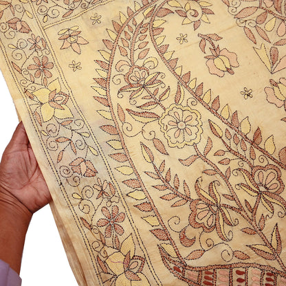 Indian Vintage Beige & Green Saree 100% Pure Silk Hand Embroidered Kantha Sari Fabric 5Yd Sewing Floral Sequin