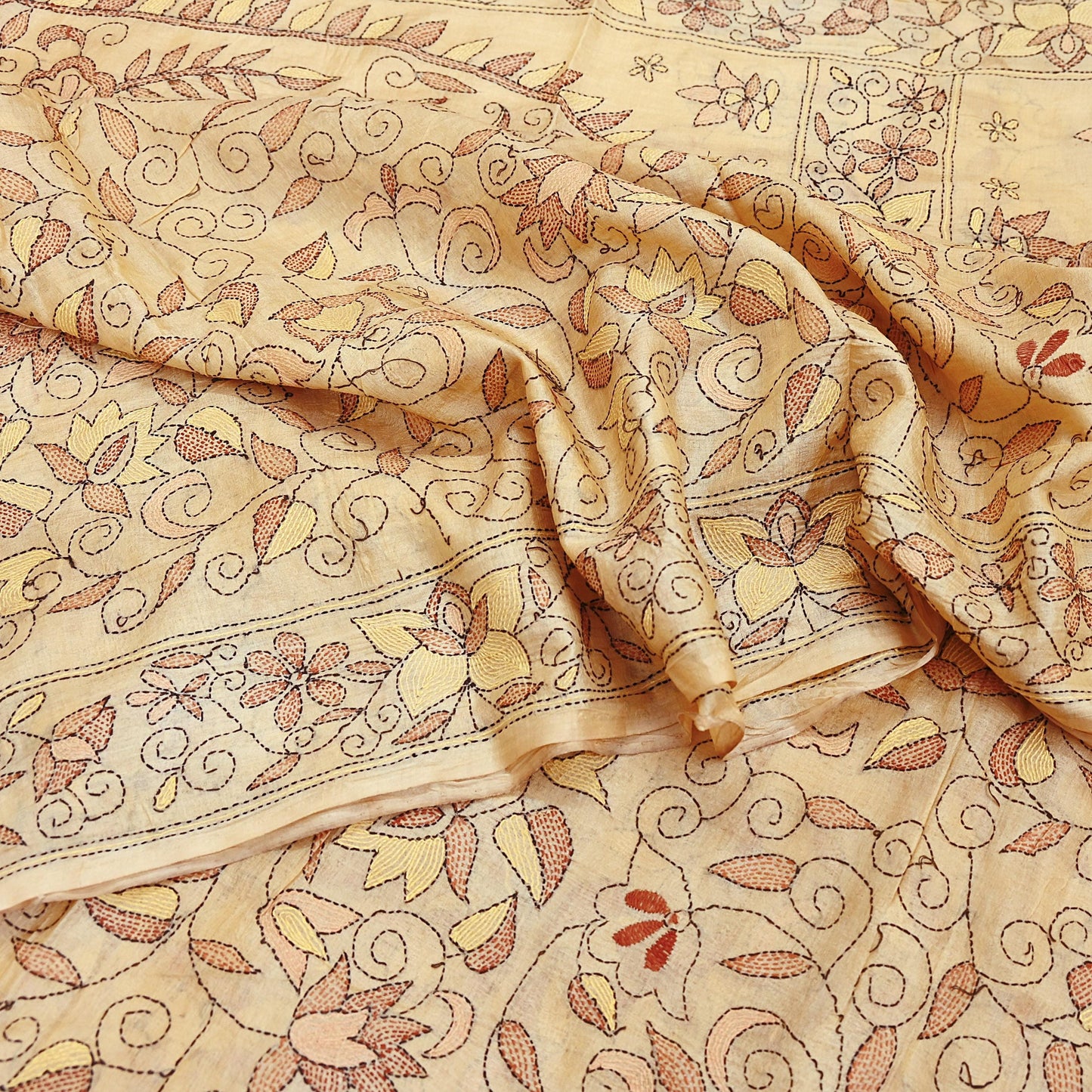 Indian Vintage Beige & Green Saree 100% Pure Silk Hand Embroidered Kantha Sari Fabric 5Yd Sewing Floral Sequin