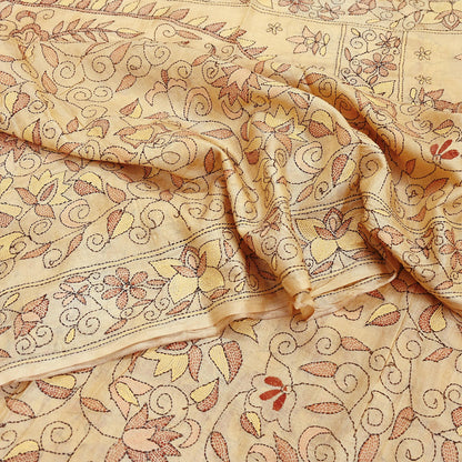 Indian Vintage Beige & Green Saree 100% Pure Silk Hand Embroidered Kantha Sari Fabric 5Yd Sewing Floral Sequin