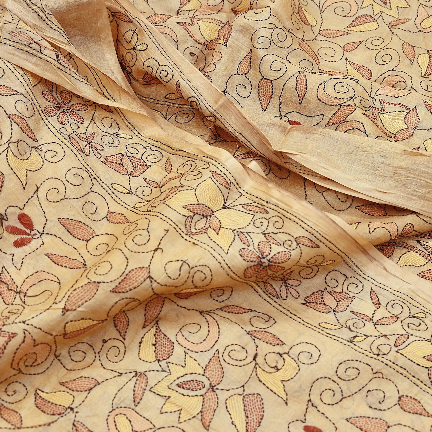 Indian Vintage Beige & Green Saree 100% Pure Silk Hand Embroidered Kantha Sari Fabric 5Yd Sewing Floral Sequin