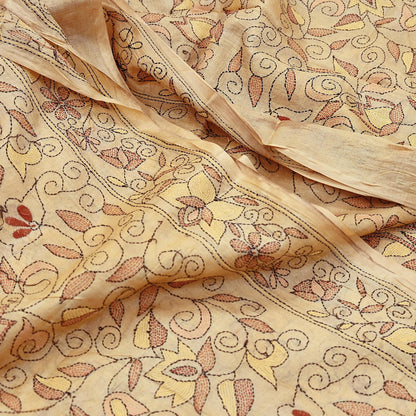 Indian Vintage Beige & Green Saree 100% Pure Silk Hand Embroidered Kantha Sari Fabric 5Yd Sewing Floral Sequin
