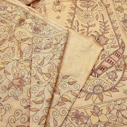 Indian Vintage Beige & Green Saree 100% Pure Silk Hand Embroidered Kantha Sari Fabric 5Yd Sewing Floral Sequin