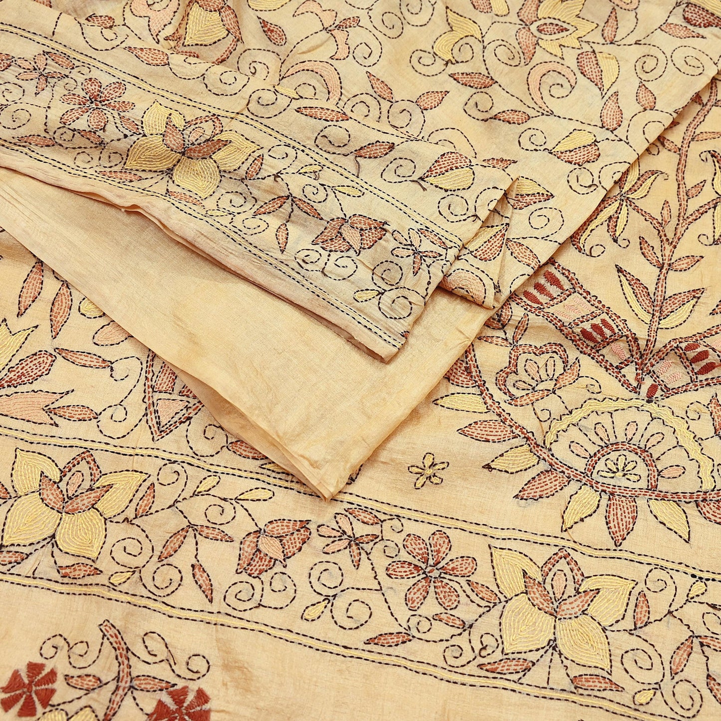 Indian Vintage Beige & Green Saree 100% Pure Silk Hand Embroidered Kantha Sari Fabric 5Yd Sewing Floral Sequin