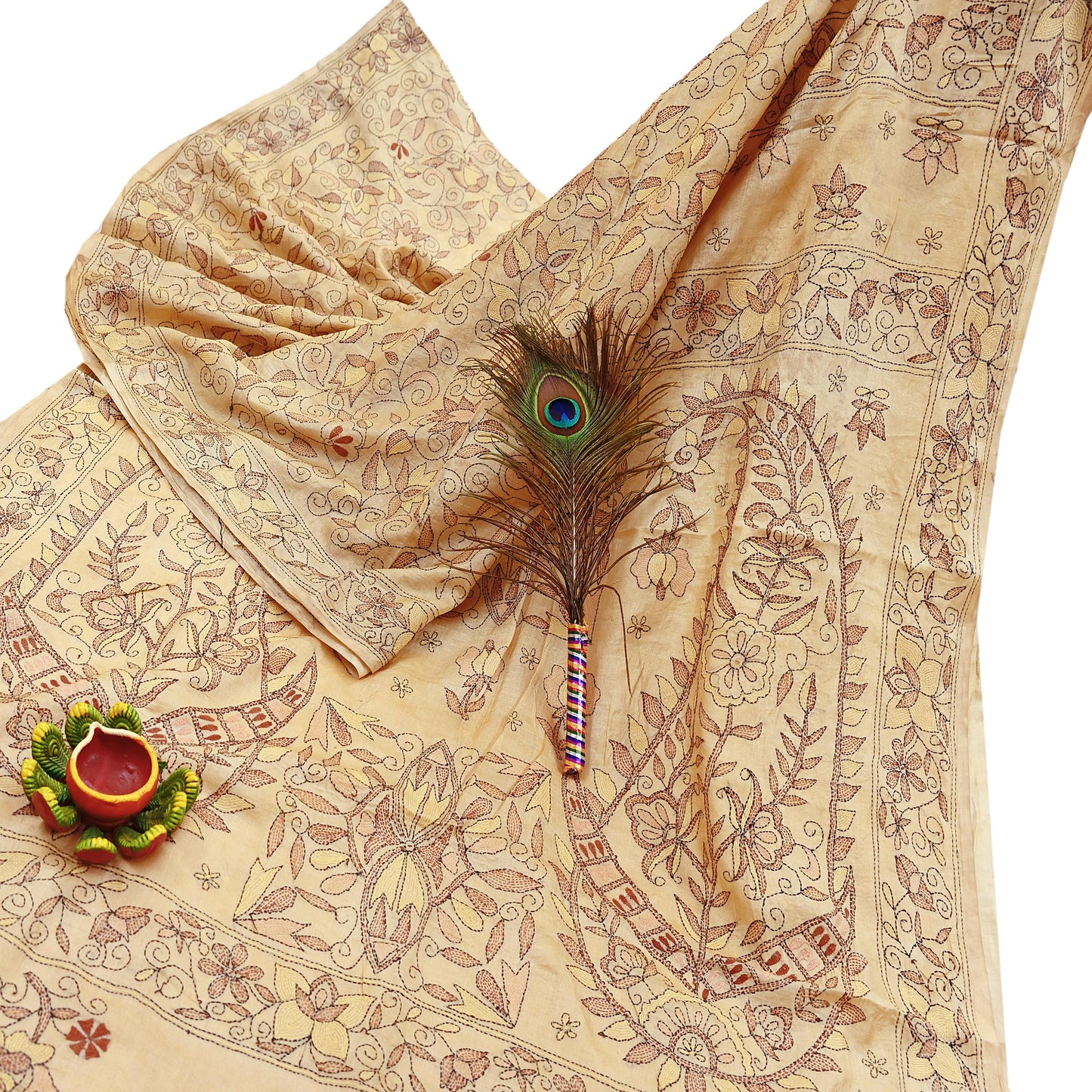 Indian Vintage Beige & Green Saree 100% Pure Silk Hand Embroidered Kantha Sari Fabric 5Yd Sewing Floral Sequin