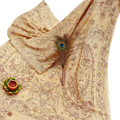 Indian Vintage Beige & Green Saree 100% Pure Silk Hand Embroidered Kantha Sari Fabric 5Yd Sewing Floral Sequin