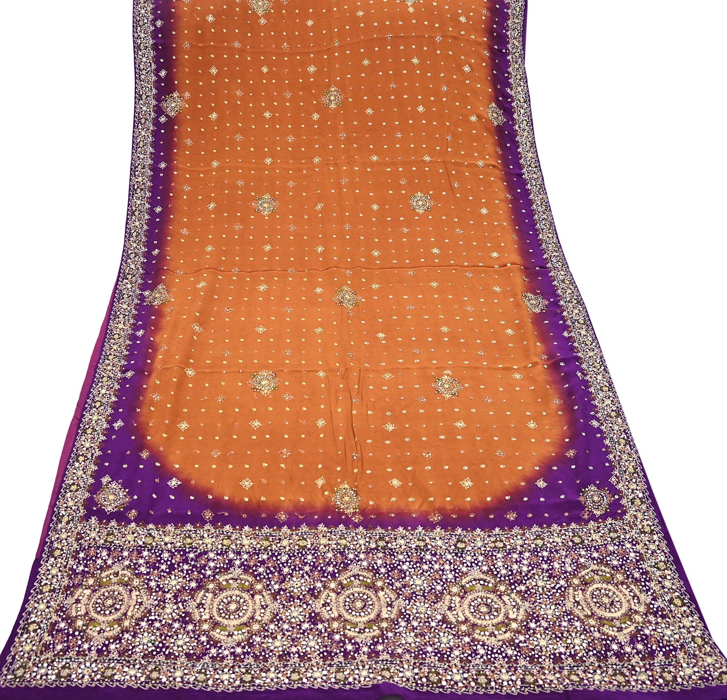 Indian Vintage Sari Purple & Mustard Pure Crepe Silk Hand Embroidered Sarees 6yd Sewing Floral Craft Sequins Dress making Crafting Quilting