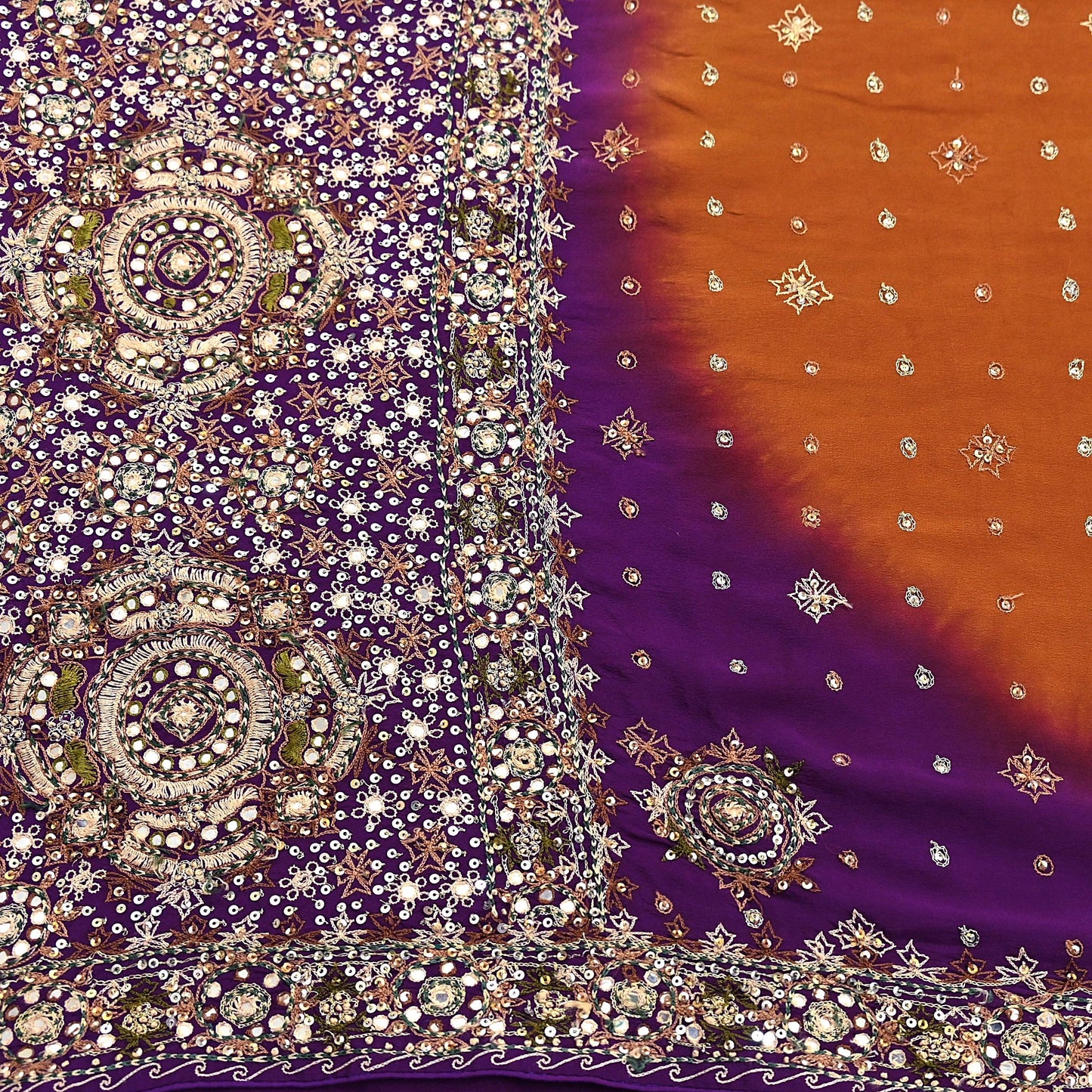 Indian Vintage Sari Purple & Mustard Pure Crepe Silk Hand Embroidered Sarees 6yd Sewing Floral Craft Sequins Dress making Crafting Quilting