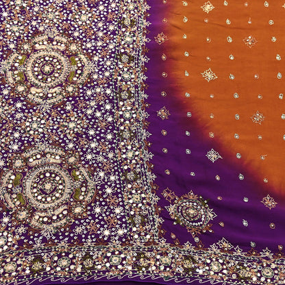 Indian Vintage Sari Purple & Mustard Pure Crepe Silk Hand Embroidered Sarees 6yd Sewing Floral Craft Sequins Dress making Crafting Quilting