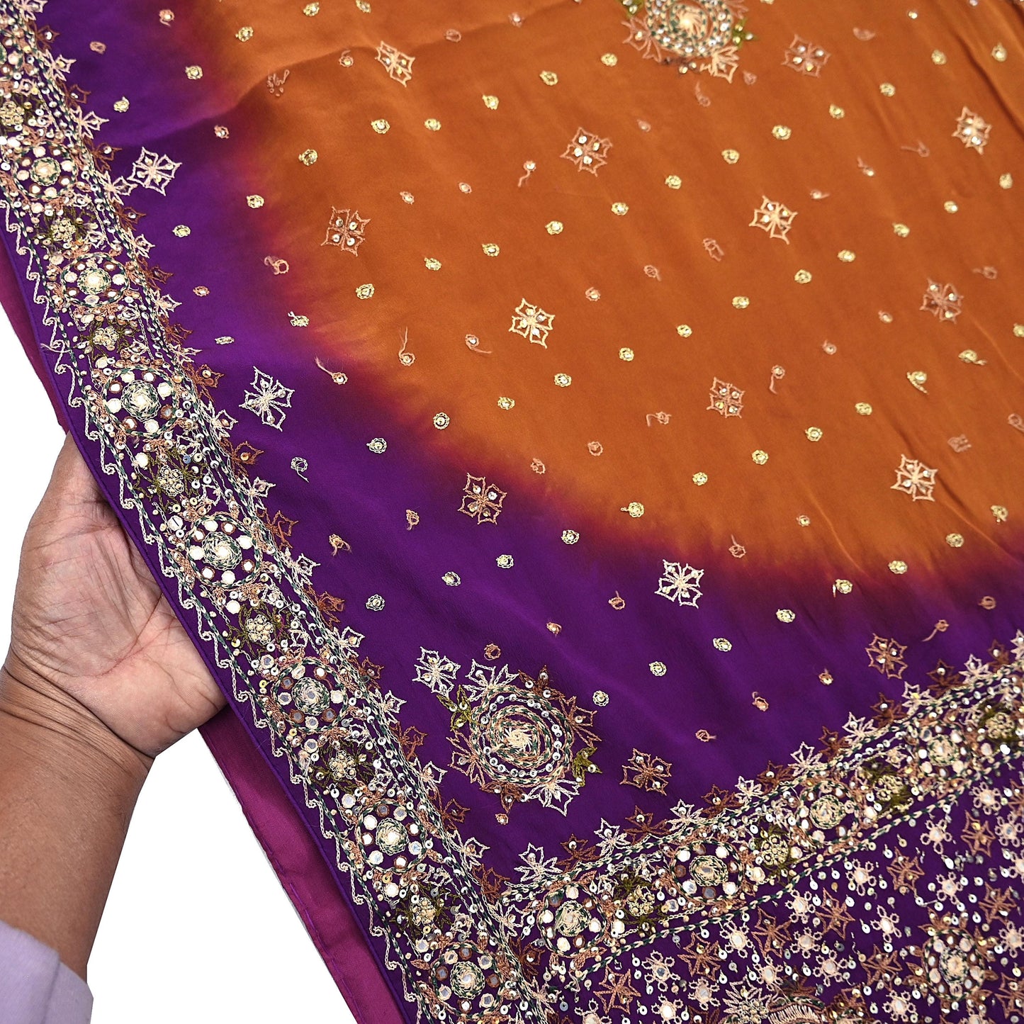 Indian Vintage Sari Purple & Mustard Pure Crepe Silk Hand Embroidered Sarees 6yd Sewing Floral Craft Sequins Dress making Crafting Quilting