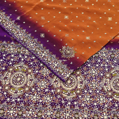 Indian Vintage Sari Purple & Mustard Pure Crepe Silk Hand Embroidered Sarees 6yd Sewing Floral Craft Sequins Dress making Crafting Quilting
