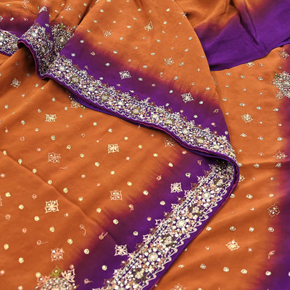 Indian Vintage Sari Purple & Mustard Pure Crepe Silk Hand Embroidered Sarees 6yd Sewing Floral Craft Sequins Dress making Crafting Quilting