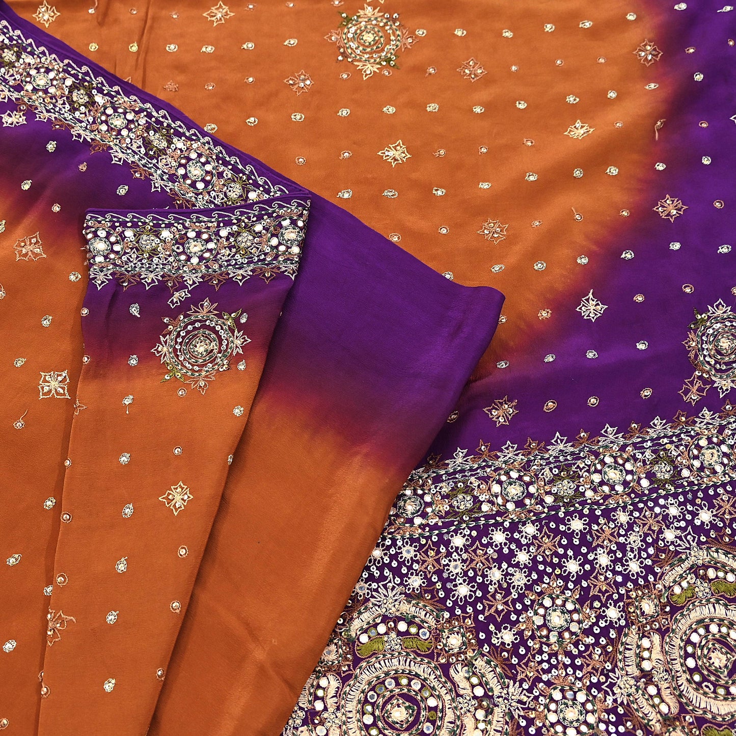Indian Vintage Sari Purple & Mustard Pure Crepe Silk Hand Embroidered Sarees 6yd Sewing Floral Craft Sequins Dress making Crafting Quilting