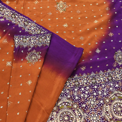 Indian Vintage Sari Purple & Mustard Pure Crepe Silk Hand Embroidered Sarees 6yd Sewing Floral Craft Sequins Dress making Crafting Quilting