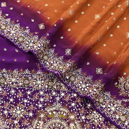 Indian Vintage Sari Purple & Mustard Pure Crepe Silk Hand Embroidered Sarees 6yd Sewing Floral Craft Sequins Dress making Crafting Quilting