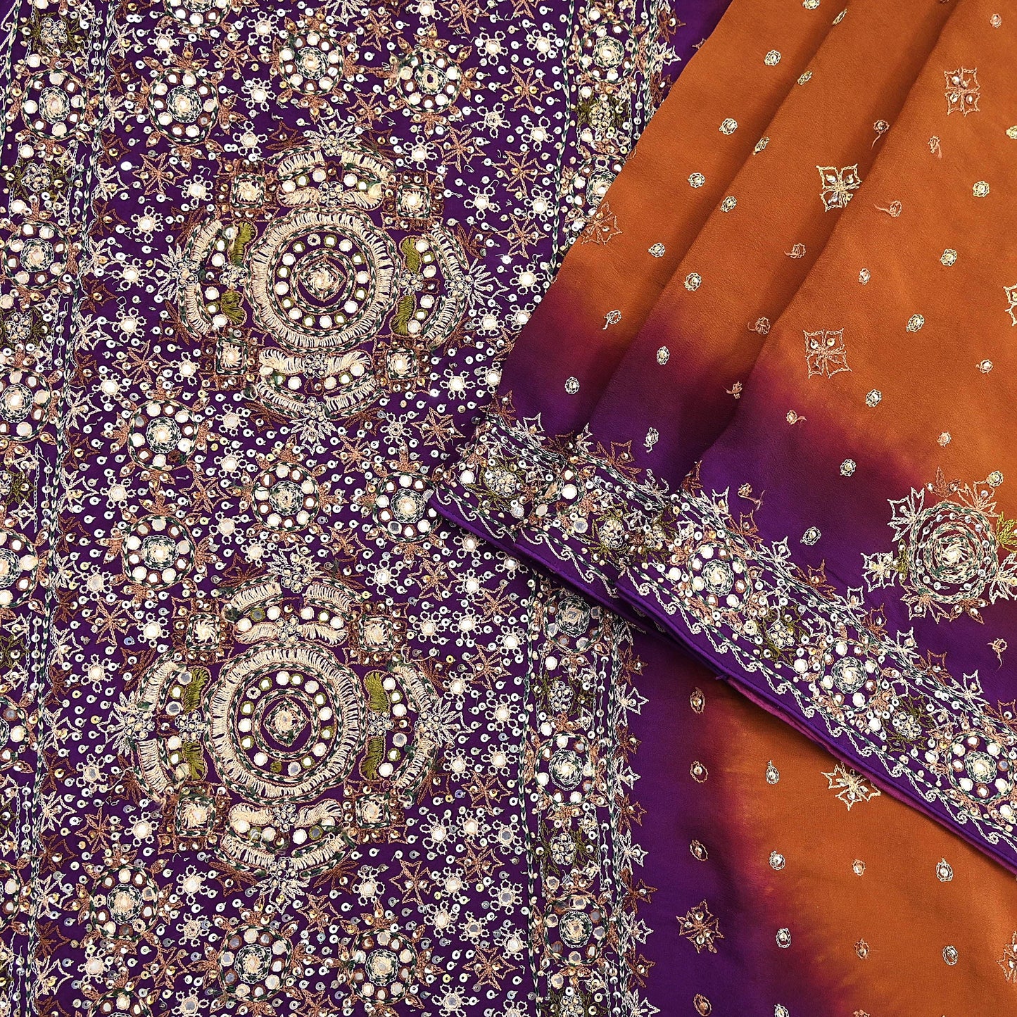 Indian Vintage Sari Purple & Mustard Pure Crepe Silk Hand Embroidered Sarees 6yd Sewing Floral Craft Sequins Dress making Crafting Quilting