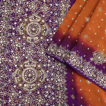 Indian Vintage Sari Purple & Mustard Pure Crepe Silk Hand Embroidered Sarees 6yd Sewing Floral Craft Sequins Dress making Crafting Quilting