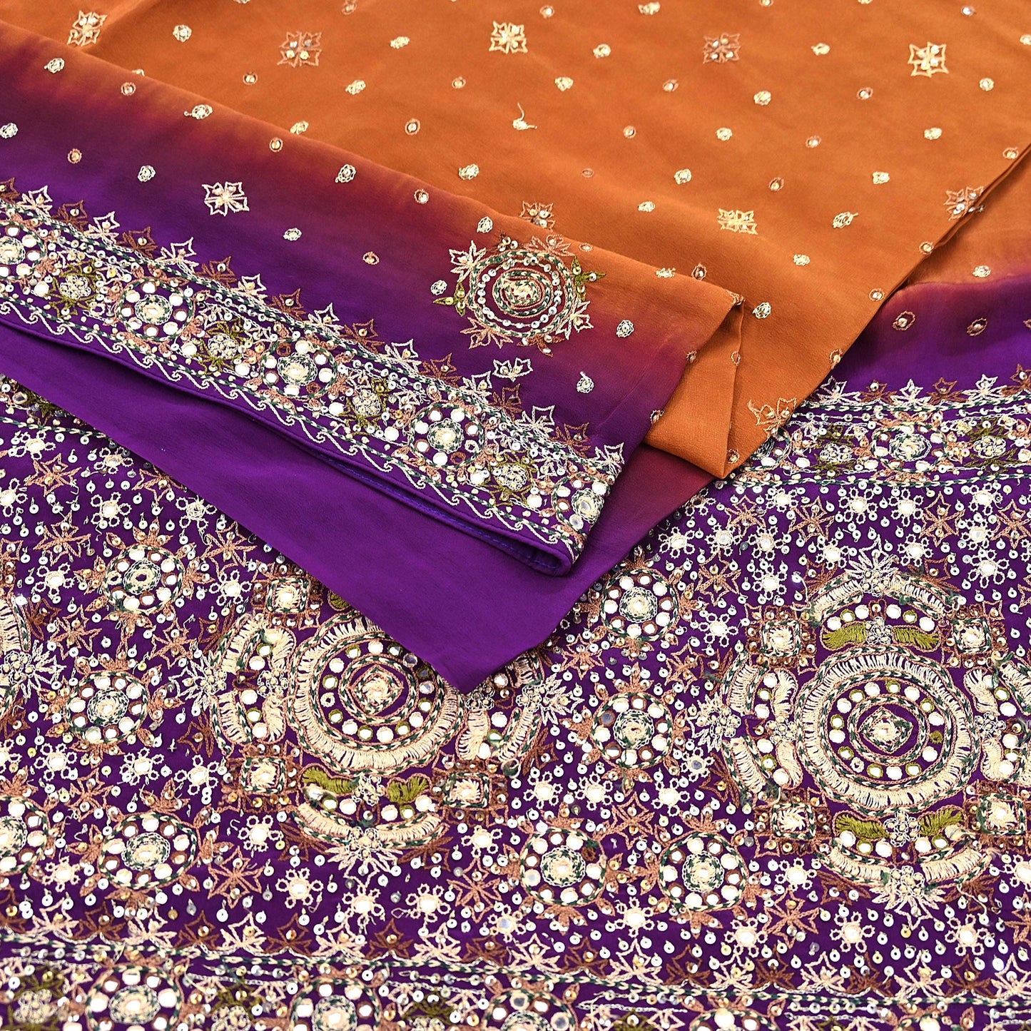 Indian Vintage Sari Purple & Mustard Pure Crepe Silk Hand Embroidered Sarees 6yd Sewing Floral Craft Sequins Dress making Crafting Quilting