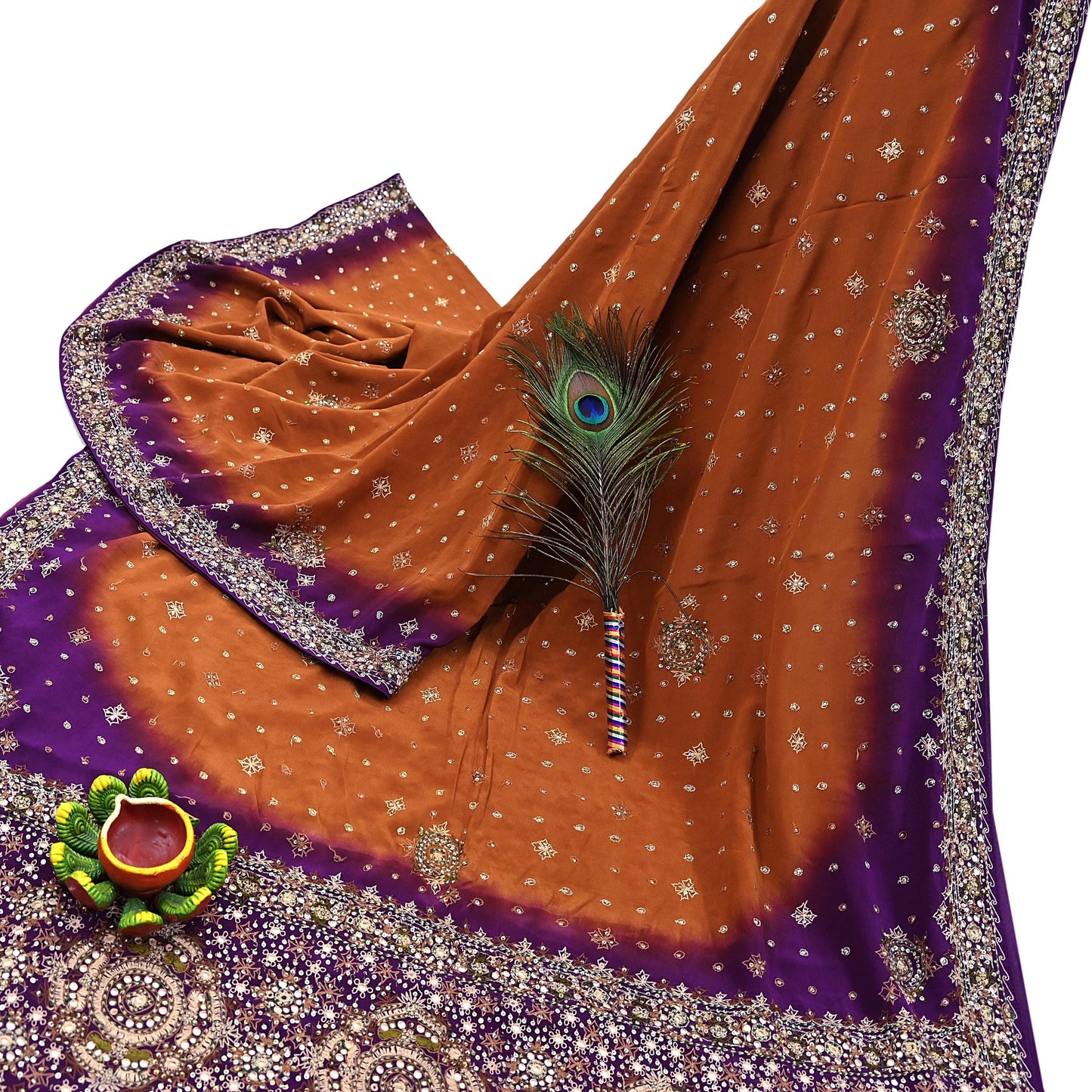 Indian Vintage Sari Purple & Mustard Pure Crepe Silk Hand Embroidered Sarees 6yd Sewing Floral Craft Sequins Dress making Crafting Quilting