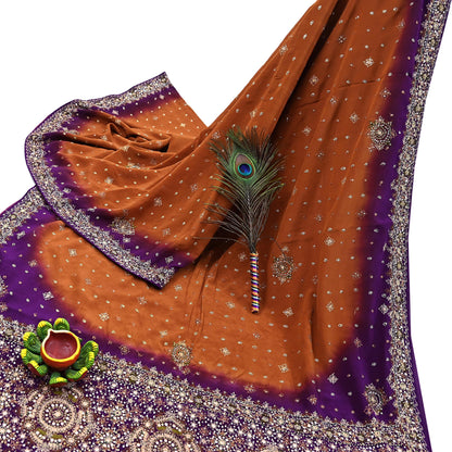 Indian Vintage Sari Purple & Mustard Pure Crepe Silk Hand Embroidered Sarees 6yd Sewing Floral Craft Sequins Dress making Crafting Quilting