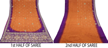 Indian Vintage Sari Purple & Mustard Pure Crepe Silk Hand Embroidered Sarees 6yd Sewing Floral Craft Sequins Dress making Crafting Quilting