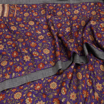 Vintage Purple Green Wool Saree Indian Pure Wool Floral Woven Fabric 6 Yard Soft Warm Craft Material for Winter Dressmaking & Sewing