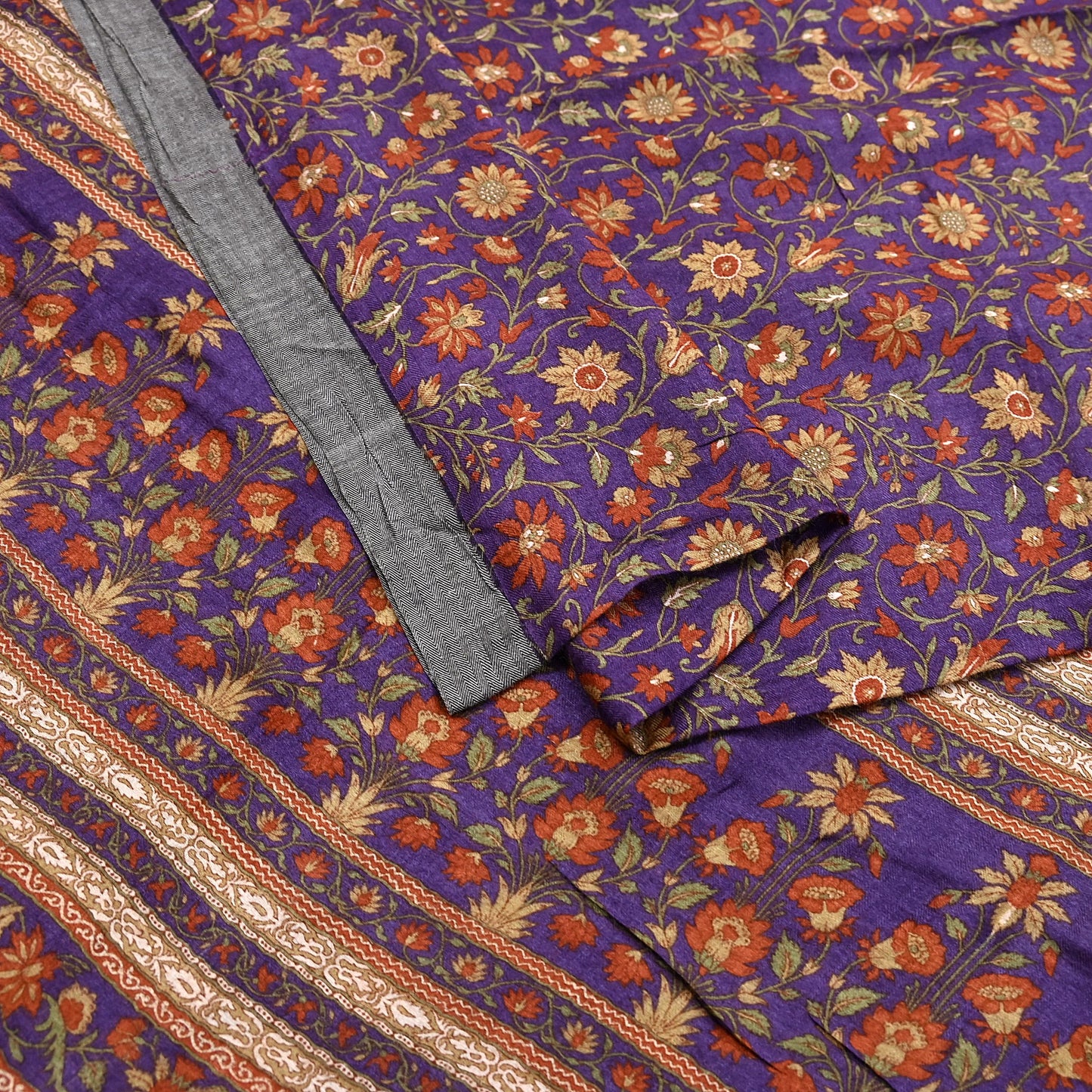 Vintage Purple Green Wool Saree Indian Pure Wool Floral Woven Fabric 6 Yard Soft Warm Craft Material for Winter Dressmaking & Sewing