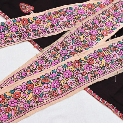 Vintage Kashmiri Aari Silk Border Peach Satin Hand Embroidered Floral Trim Chain Stitch Lace Ribbon Sewing Craft Supply