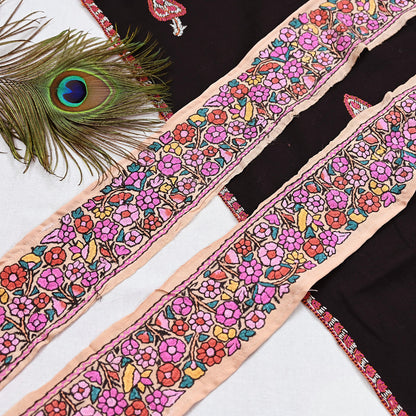 Vintage Kashmiri Aari Silk Border Peach Satin Hand Embroidered Floral Trim Chain Stitch Lace Ribbon Sewing Craft Supply