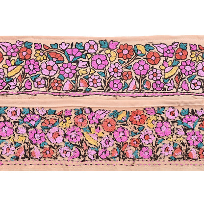 Vintage Kashmiri Aari Silk Border Peach Satin Hand Embroidered Floral Trim Chain Stitch Lace Ribbon Sewing Craft Supply