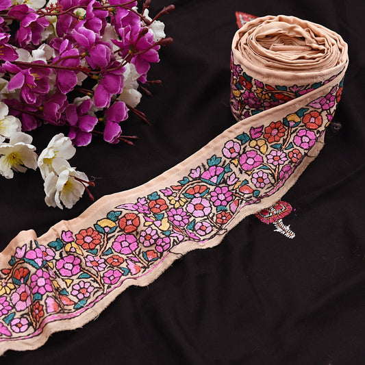 Vintage Kashmiri Aari Silk Border Peach Satin Hand Embroidered Floral Trim Chain Stitch Lace Ribbon Sewing Craft Supply