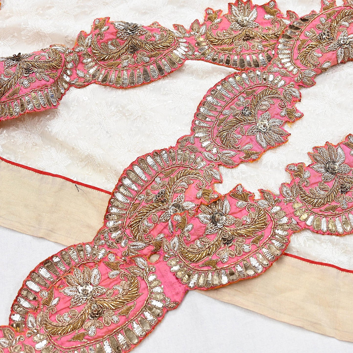 Indian Vintage Peach Sari Border, Anamika Khanna Hand Embroidered Dabka Zari Trim, Designer Craft Lace, Sewing Ribbon 1 Yard