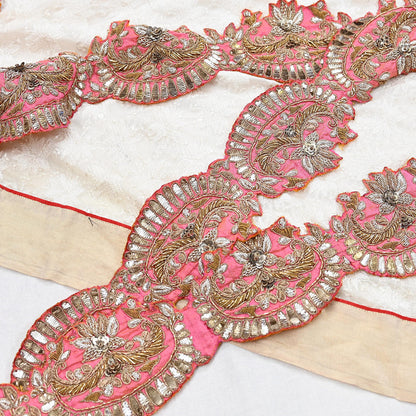 Indian Vintage Peach Sari Border, Anamika Khanna Hand Embroidered Dabka Zari Trim, Designer Craft Lace, Sewing Ribbon 1 Yard