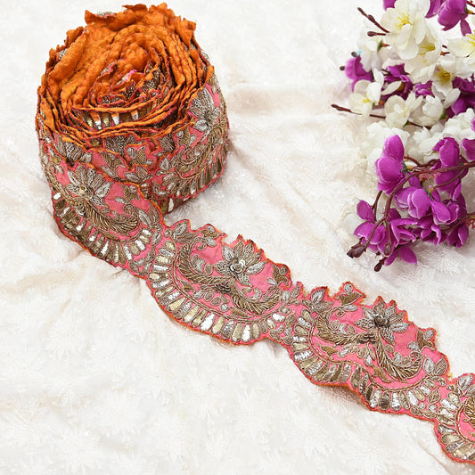 Indian Vintage Peach Sari Border, Anamika Khanna Hand Embroidered Dabka Zari Trim, Designer Craft Lace, Sewing Ribbon 1 Yard