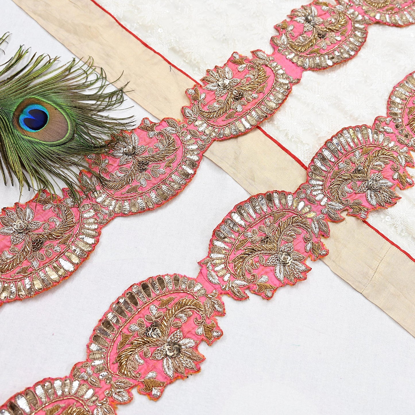 Indian Vintage Peach Sari Border, Anamika Khanna Hand Embroidered Dabka Zari Trim, Designer Craft Lace, Sewing Ribbon 1 Yard