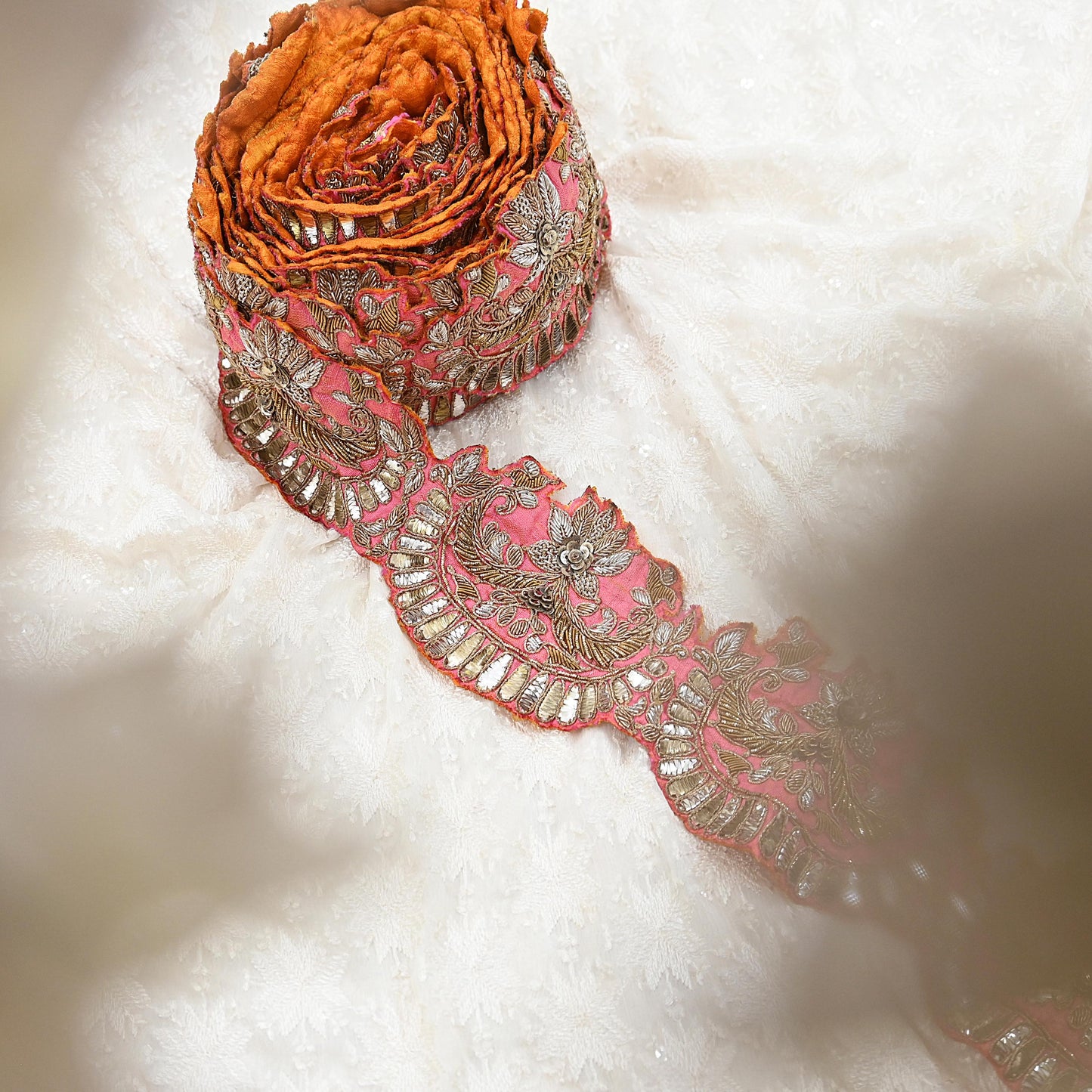 Indian Vintage Peach Sari Border, Anamika Khanna Hand Embroidered Dabka Zari Trim, Designer Craft Lace, Sewing Ribbon 1 Yard
