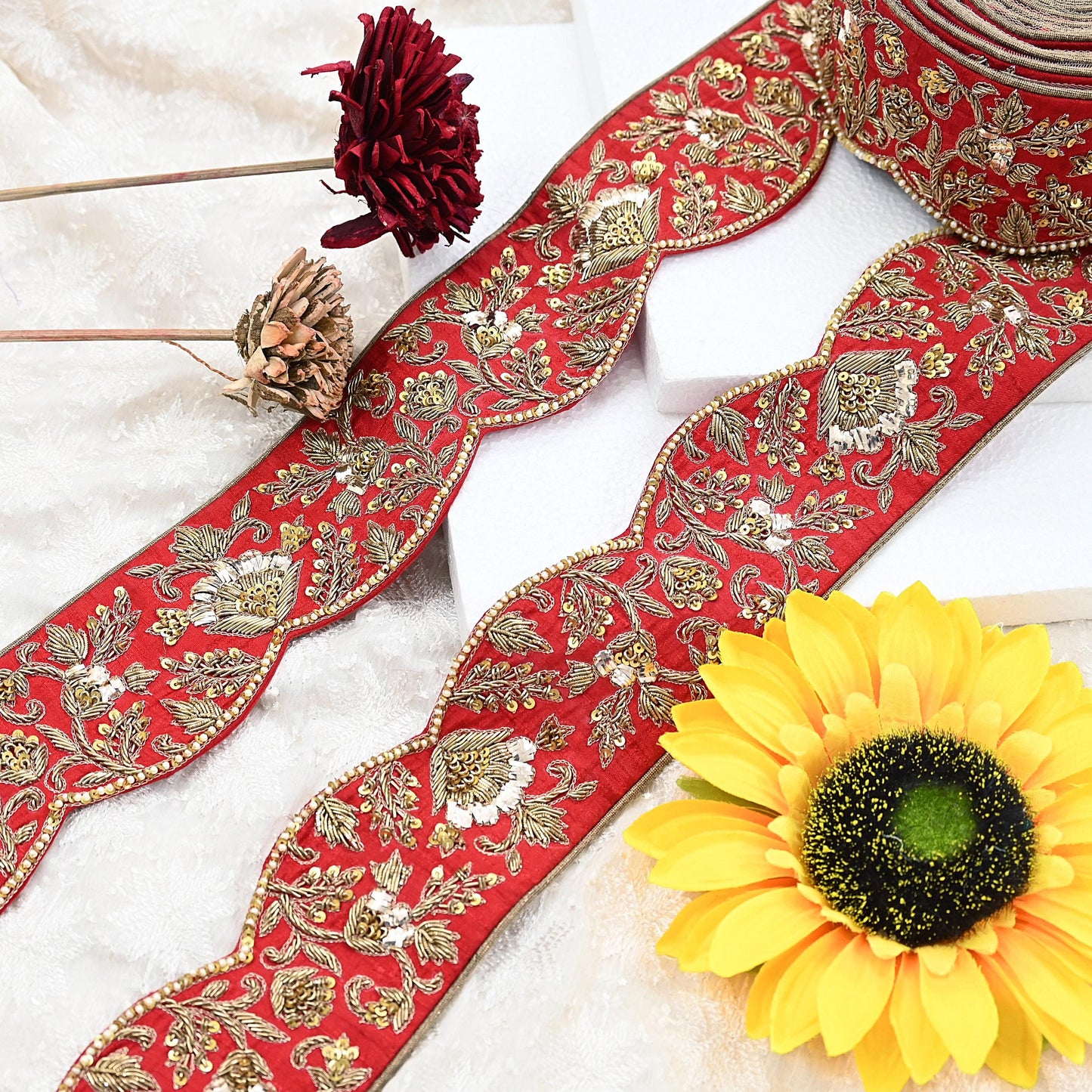 Indian Vintage Red Sari Border Sabyasachi Hand Embroidered Zari Dabka Lace Designer Sewing Trim Ribbon Bridal Craft Fabric 1 Yard