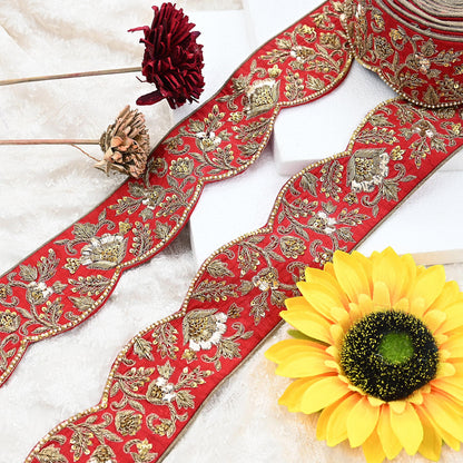 Indian Vintage Red Sari Border Sabyasachi Hand Embroidered Zari Dabka Lace Designer Sewing Trim Ribbon Bridal Craft Fabric 1 Yard