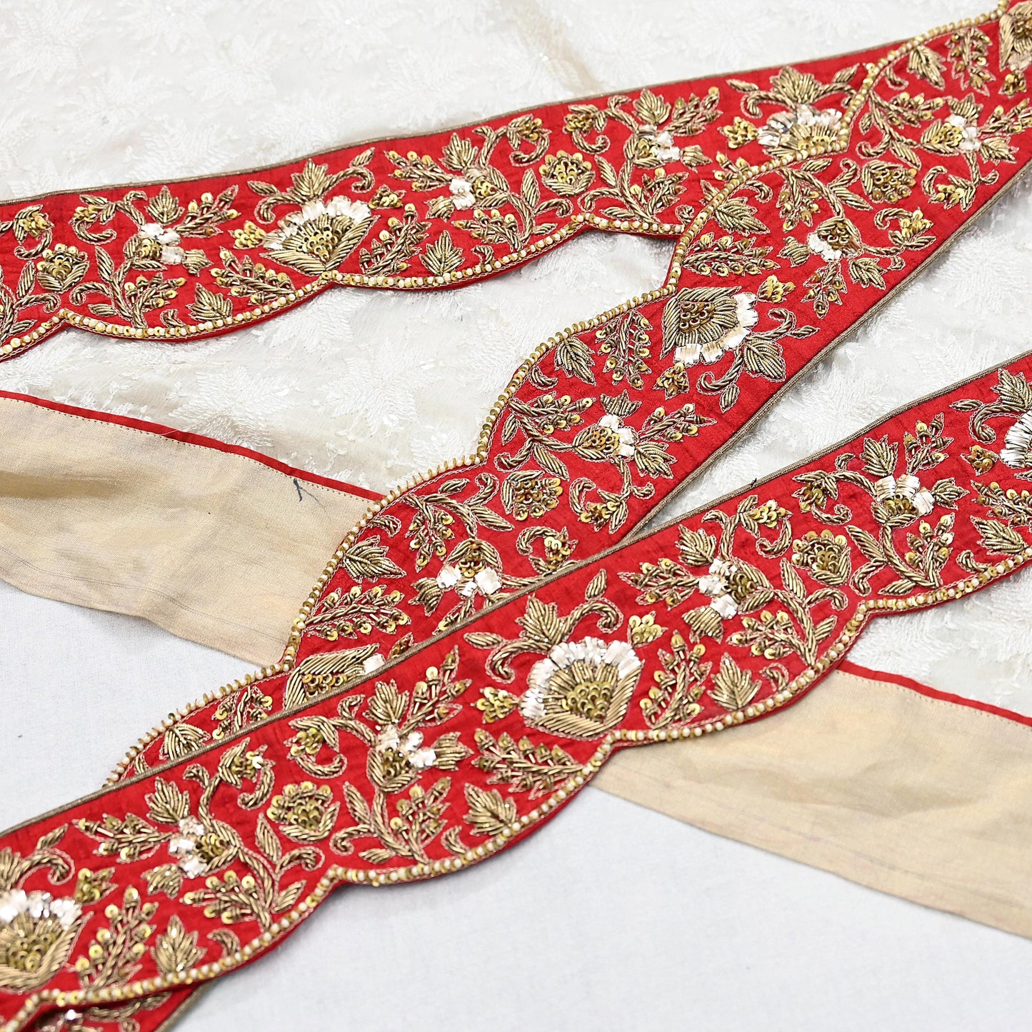 Indian Vintage Red Sari Border Sabyasachi Hand Embroidered Zari Dabka Lace Designer Sewing Trim Ribbon Bridal Craft Fabric 1 Yard