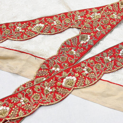 Indian Vintage Red Sari Border Sabyasachi Hand Embroidered Zari Dabka Lace Designer Sewing Trim Ribbon Bridal Craft Fabric 1 Yard