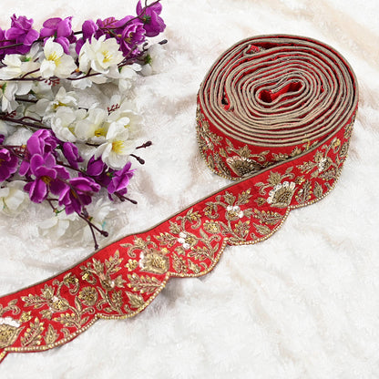 Indian Vintage Red Sari Border Sabyasachi Hand Embroidered Zari Dabka Lace Designer Sewing Trim Ribbon Bridal Craft Fabric 1 Yard